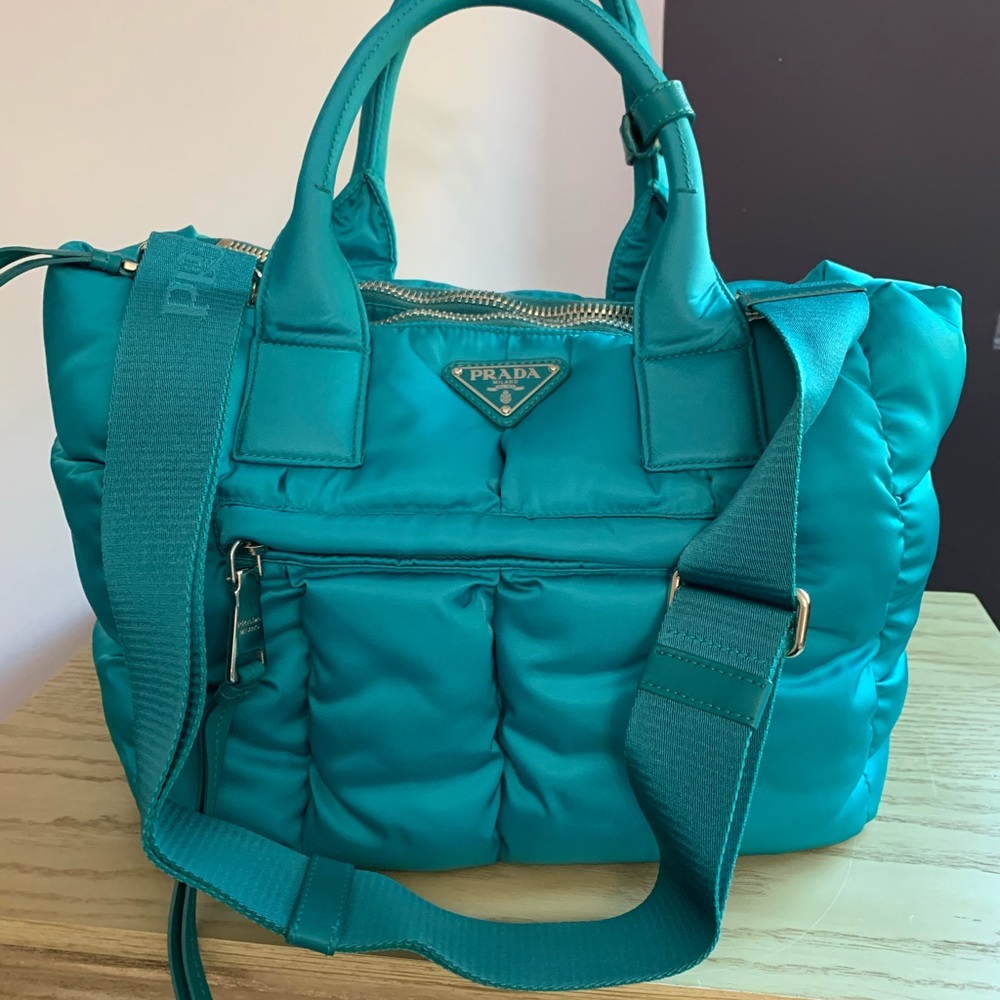 Authentic Prada Puffy Turquoise tote with crossbody strap